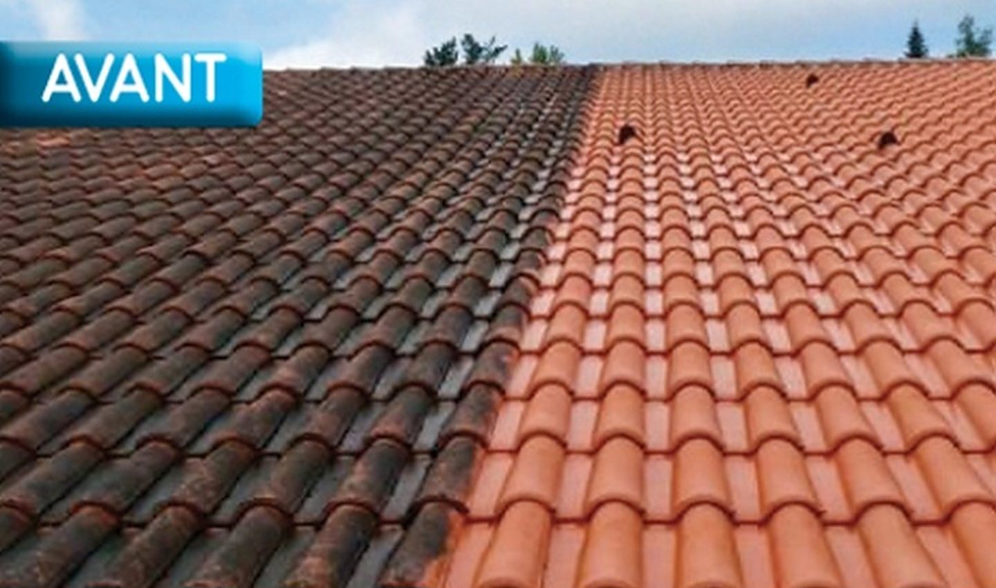 Toiture de tuiles avec une moitié nettoyée et une moitié couverte de mousse